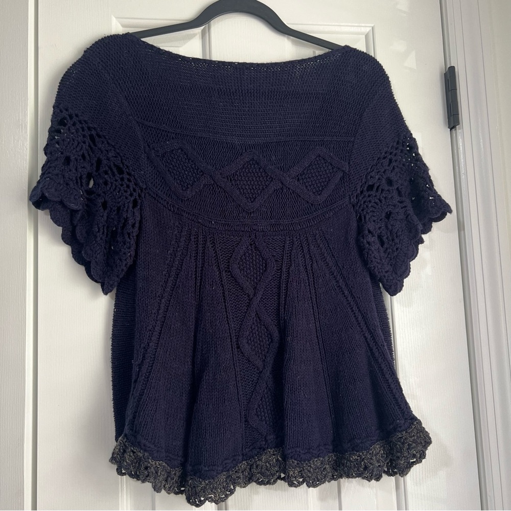 Oversized Free People Crochet Short Sleeve Blouse Shirt Top Ruffle Black Blue XS - Picture 10 of 13